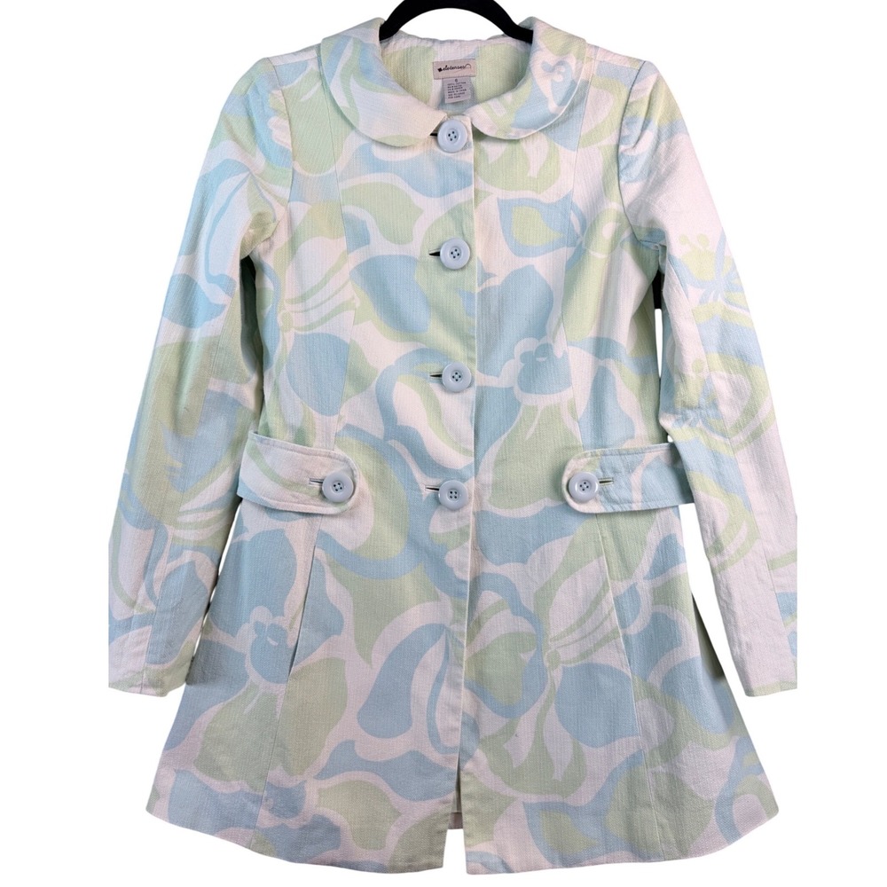 Elevenses Anthropologie Floral Mod Coat Blue Green Pastel Cotton Size 6